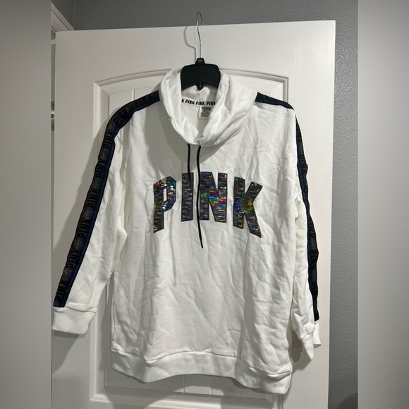 PINK Victoria's Secret Tops - NEW NIP VS PINK Victoria Secret white sequins cowl neck crop sweatshirt L large